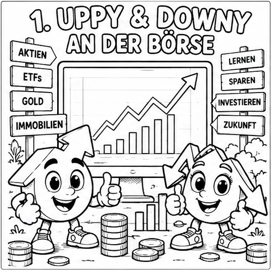Ausmalbild: Uppy & Downy an der Börse