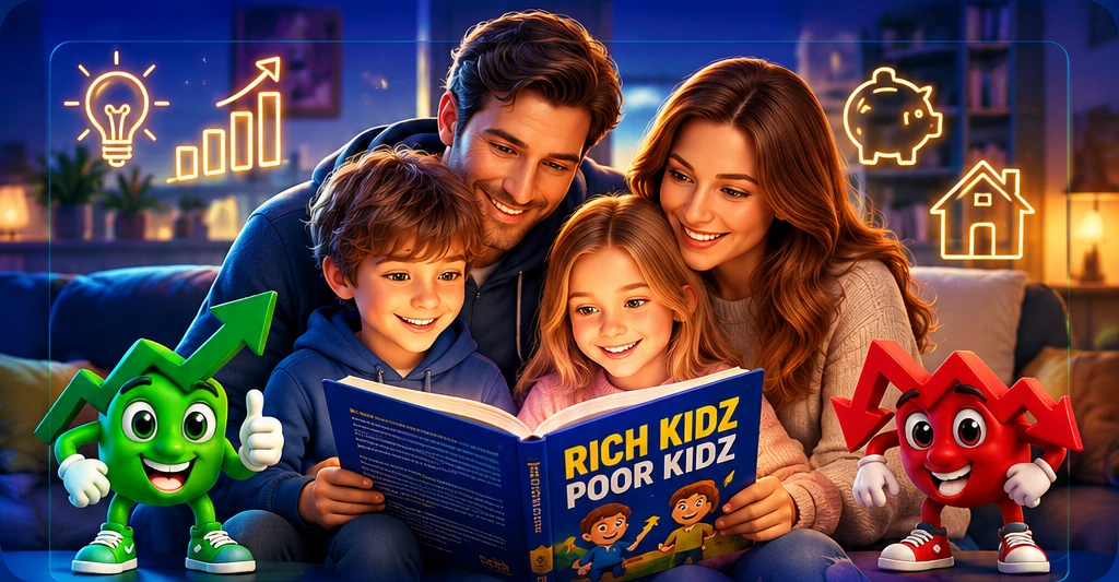 Illustration: Eltern lesen mit ihren Kindern gemeinsam Rich Kidz, Poor Kidz; Uppy und Downy begleiten die Familie.