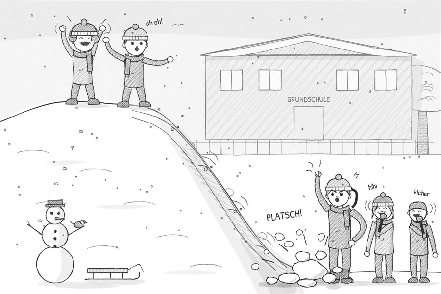 Bleistiftzeichnung aus dem Buch: Jan und Ben mit einem Schneeball auf dem Schulhof