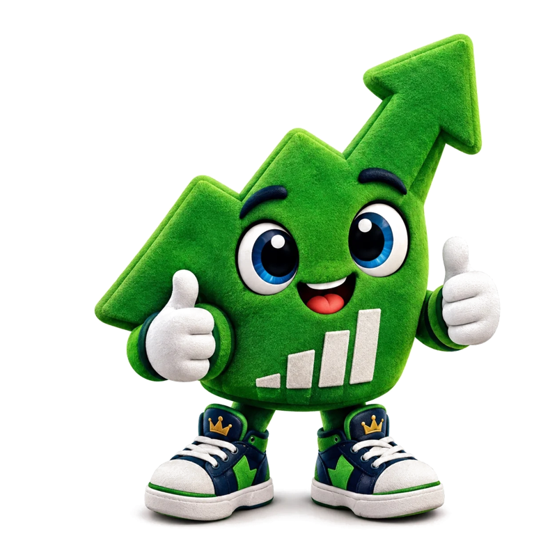 Uppy, der fröhliche grüne Börsenpfeil mit Sneakers